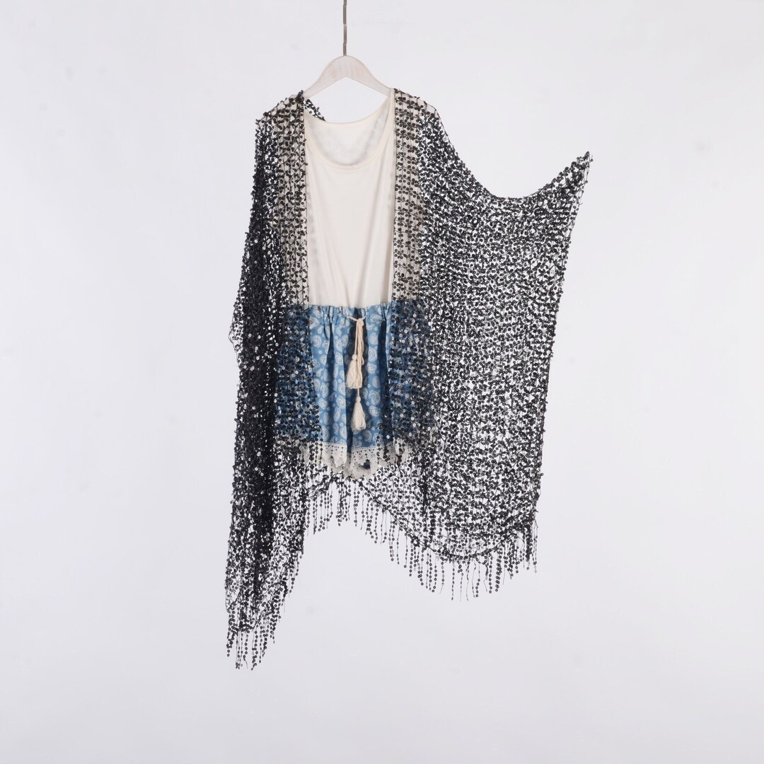 Black Sheer Kimono,black Sequin Kimono,long Cardigan,boho Kimono,beach