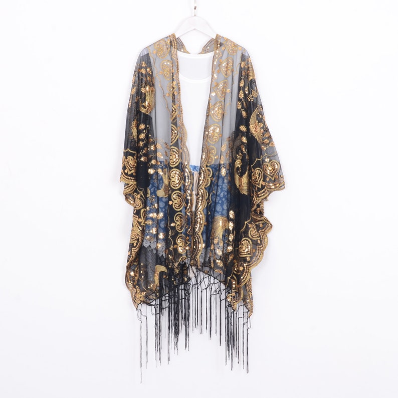 black sheer kimono with gold sequins black lace image 4