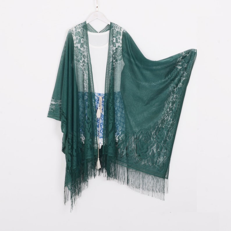 long bohemian kimono,dark green lace kimono,lace cardigan,boho kimono,beach kimono,shrug,cover up,dress kimono,lace beach 