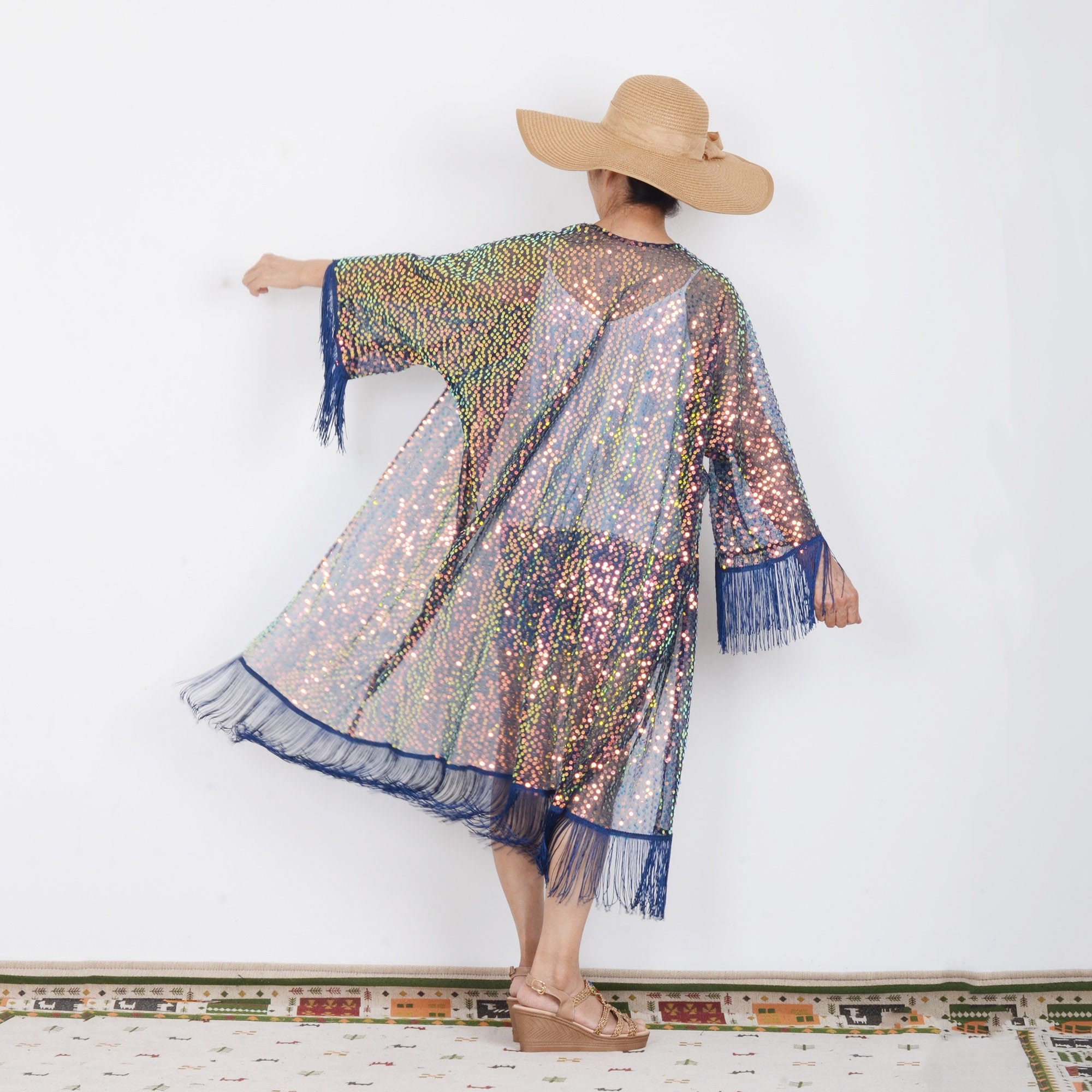 Navy Sequins Kimono With Sleevesummer Cover Upholiday Etsy