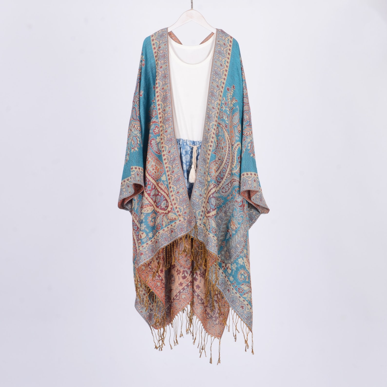 Pashmina Kimonocyan Paisley Kimono Cardiganfringe Hippie - Etsy