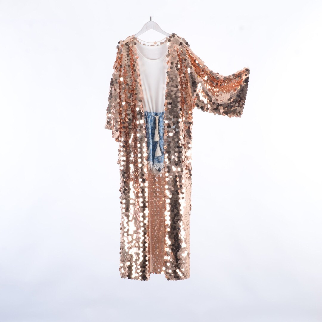 Champagne Gold Sequin Kimono,floor Length,festival Kimono,sequin Duster
