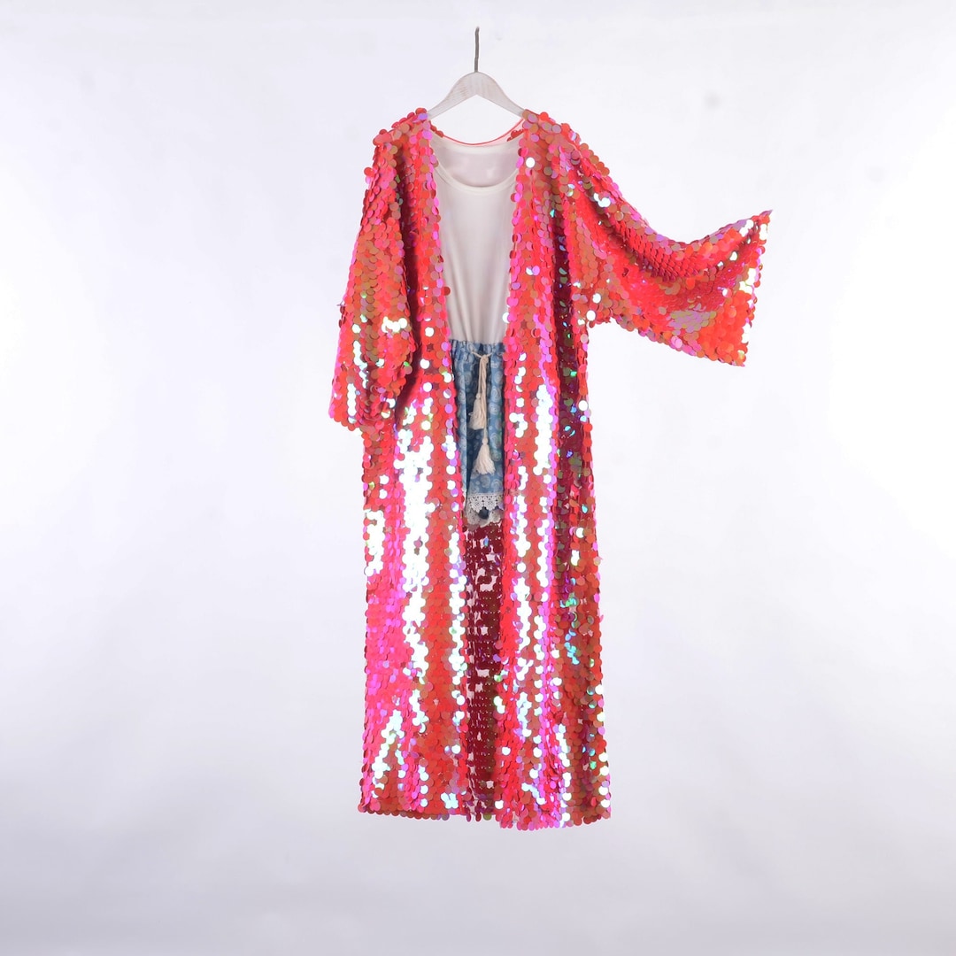 Red Sequin Kimono,floor Length,festival Kimono,sequin Duster,rave