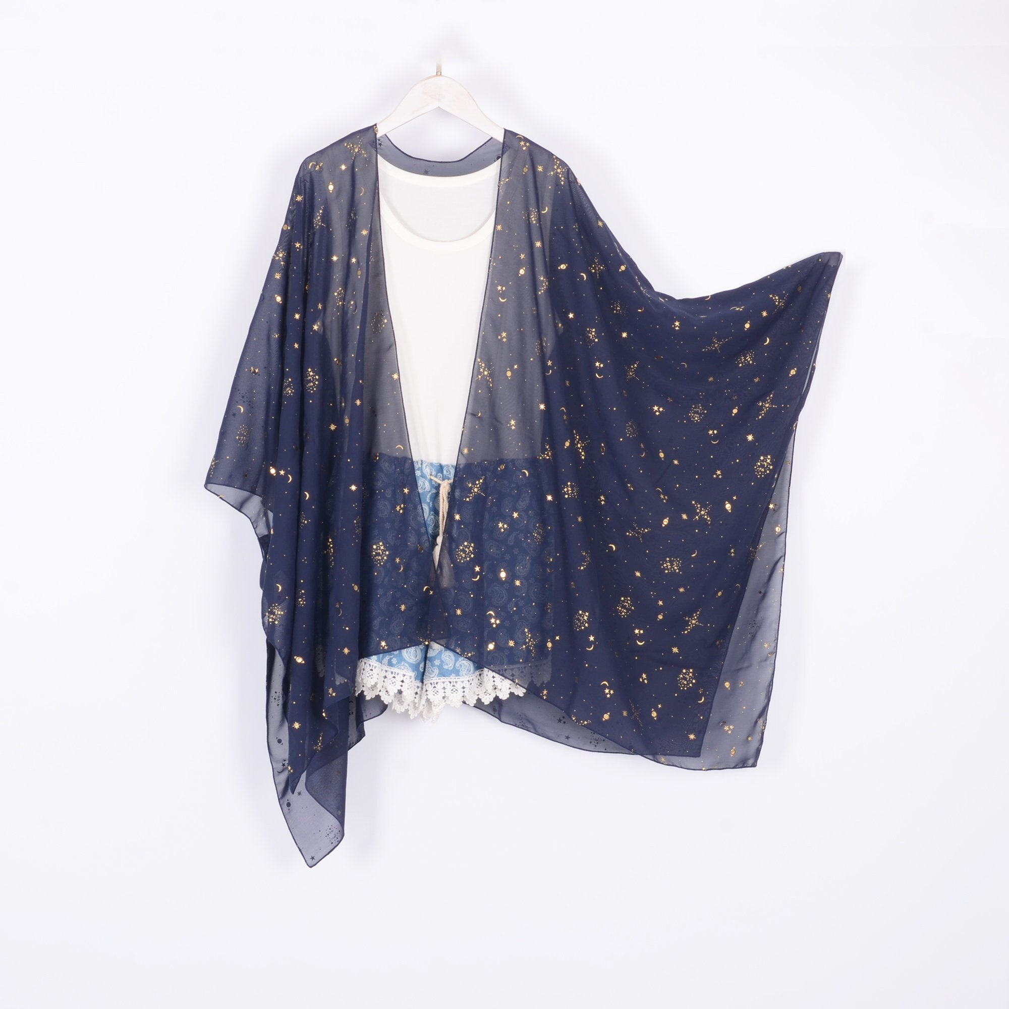 chiffon kimono,navy with gold starry print kimono jacket,beach kimono,boho kimono,chiffon cover up,dress kimono,kimono cardigan,kimono