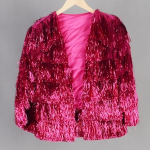rose pink tinsel fringe jacket,personalized gift for her,bridal jacket,wedding jacket,birthday party jacket,handmade clothing,tinsel jacket