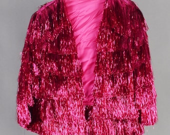 rose pink tinsel fringe jacket,personalized gift for her,bridal jacket,wedding jacket,birthday party jacket,handmade clothing,tinsel jacket