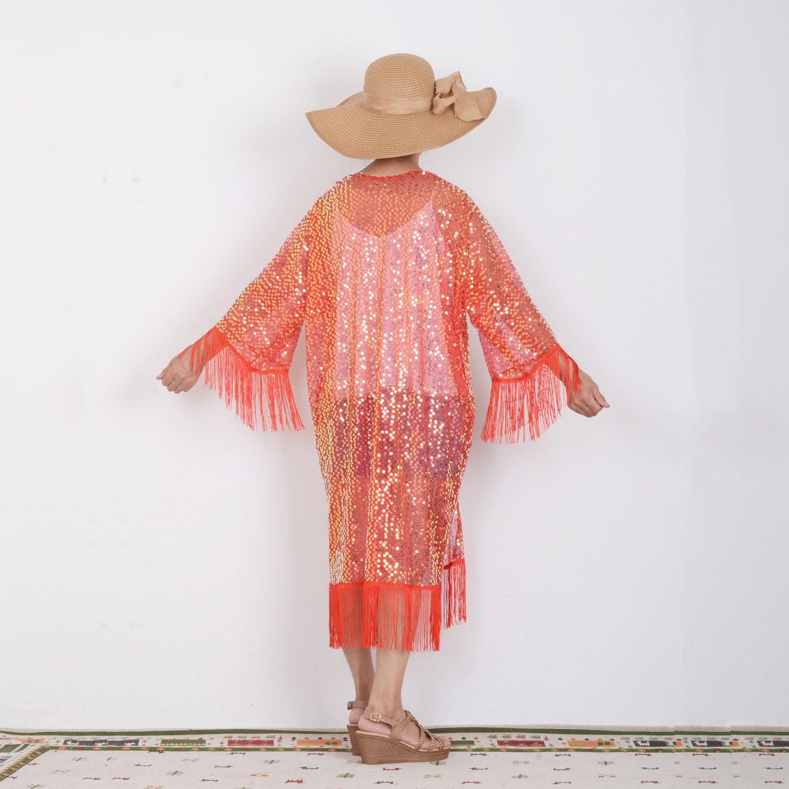 Red Sequins Kimono With Sleevesummer Cover Upholiday Etsy