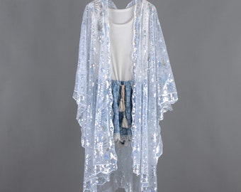 White Sequins Starry Sheer Kimono, White Sequin Kimono