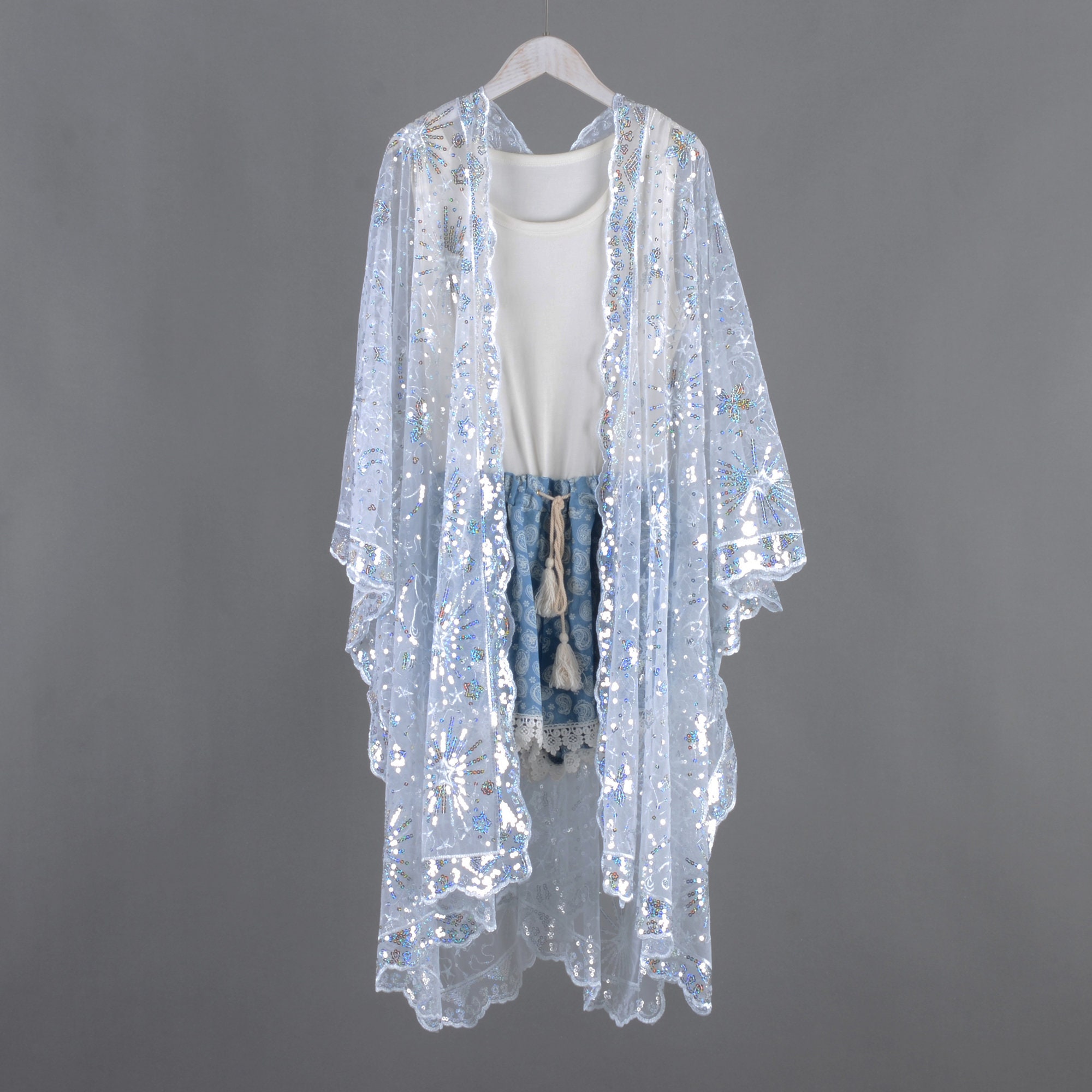 White Sequins Starry Sheer Kimono, White Sequin Kimono