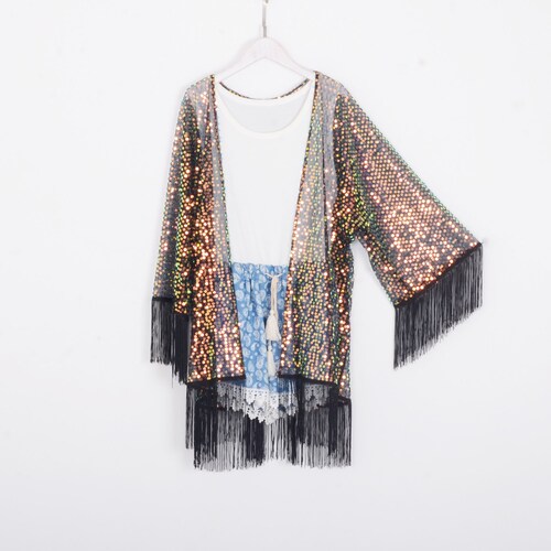 Short Sequins Kimono With Sleeveblack 