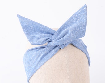 blue white bow headband,wired headband,women headwrap,tie up headscarf,adult headband,knot headband,HB029
