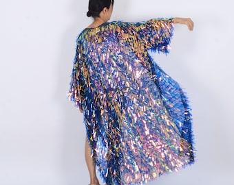 sequin kimono,floor length,blue/yellow sequin festival kimono,sequin duster,rave clothing, coat bohemian,festival outfit,disco sequin kimono