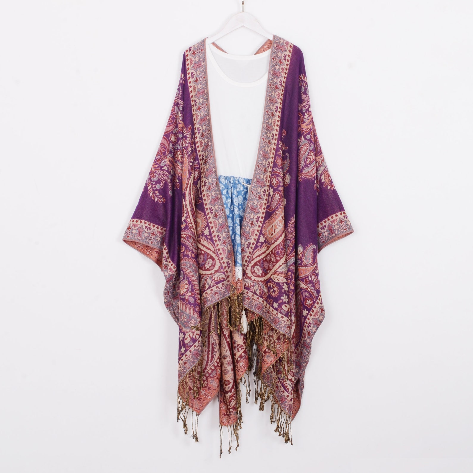 Pashmina Kimono Cardiganpurple Paisley Kimonofringe Hippie | Etsy
