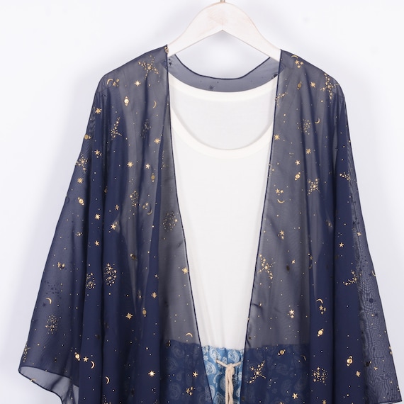 Chiffon Kimono,navy With Gold Starry Print Kimono Jacket,beach Kimono,boho  Kimono,chiffon Cover Up,dress Kimono,kimono Cardigan,kimono 