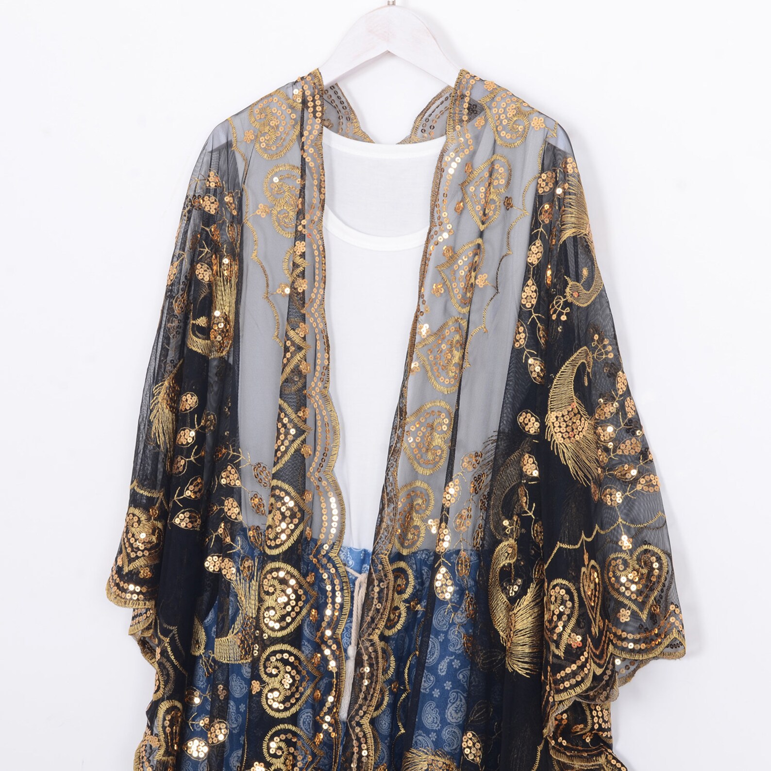 Black Sheer Kimono With Gold Sequins Black Lace Etsy Canada