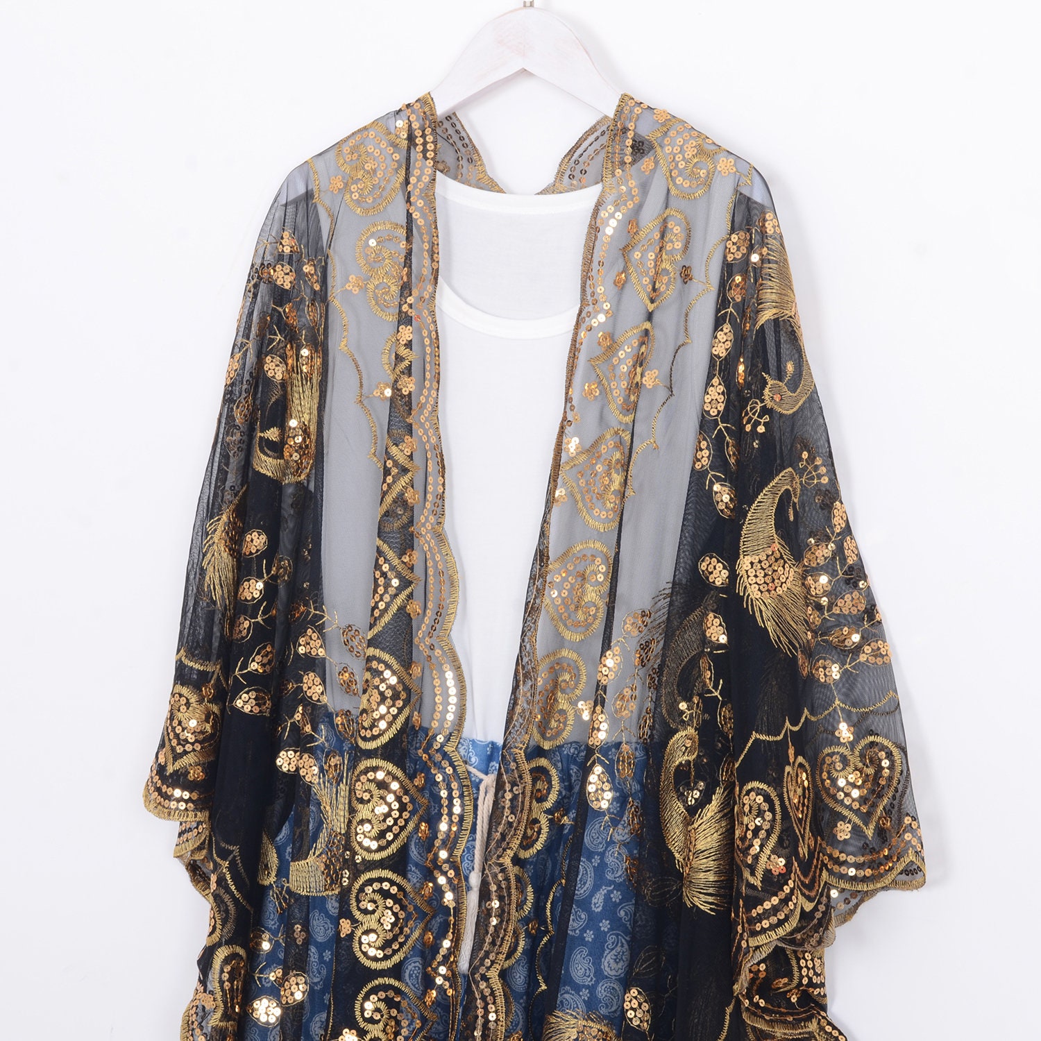 Black sheer kimono with gold sequins black lace Etsy