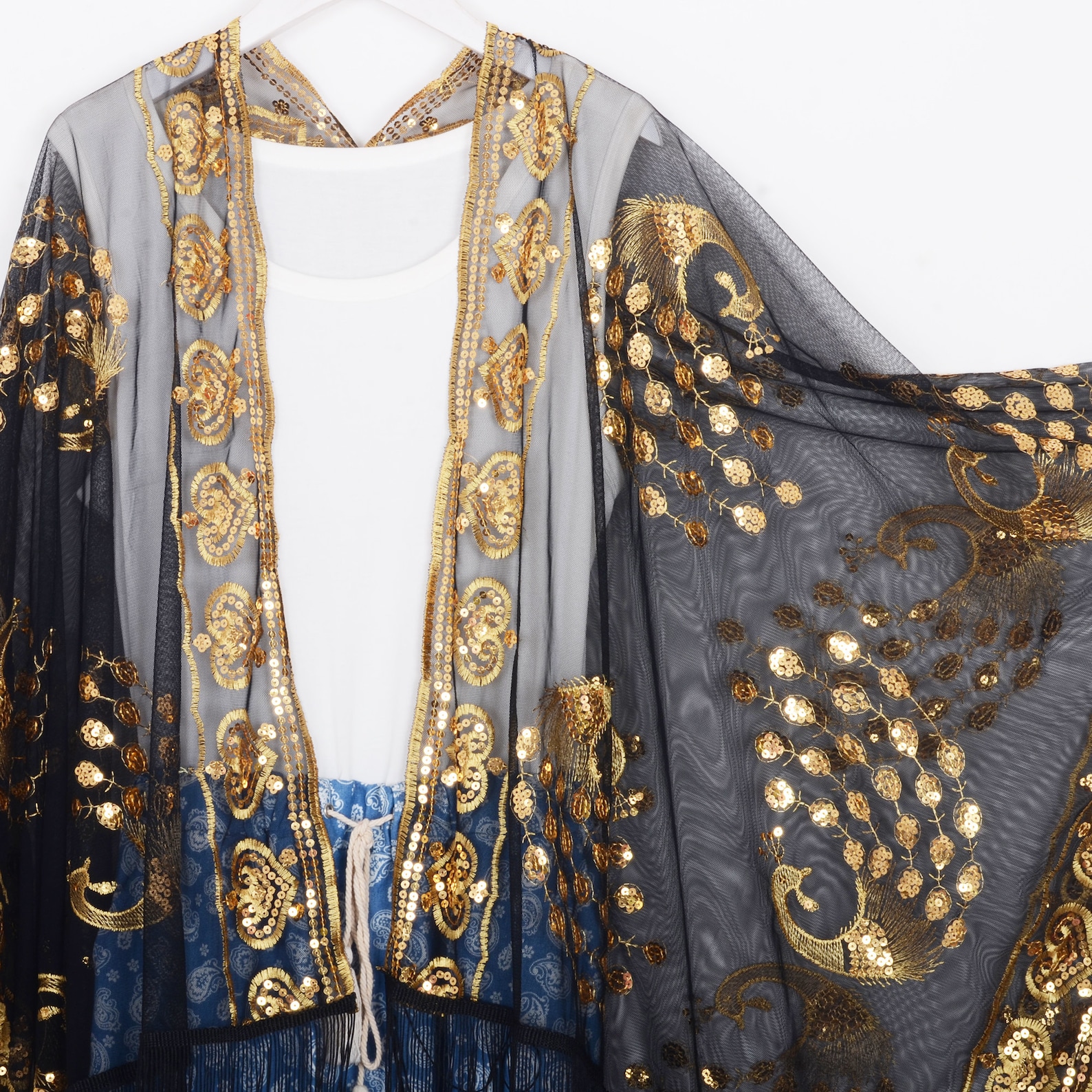 Black Sheer Kimono With Gold Sequins Black Lace Kimonoshort Etsy