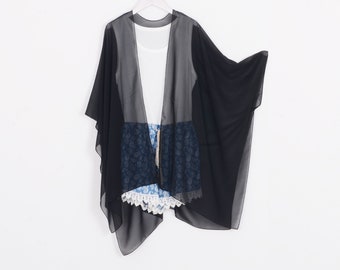 kimono de mousseline de soie, veste noire de kimono, kimono de plage, kimono de boho, couverture vers le haut, kimonos de mousseline de soie, couverture vers le haut, kimono de robe, cardigan de kimono, kimono