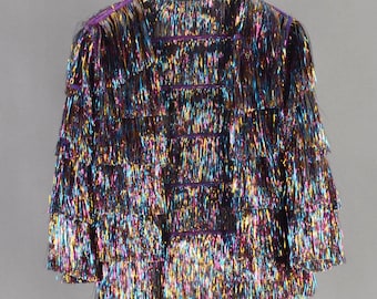 summer rainbow tinsel fringe jacket,personalized,bridal jacket,wedding jacket,birthday,party jacket,handmade clothing,rainbow jacket