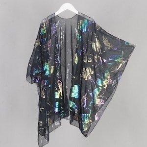 シフォン着物、黒とマルチカラーの蝶の着物ジャケット、ビーチ着物、ボヘミアン着物、シフォンカバーアップ、ドレス着物、着物カーディガン、着物