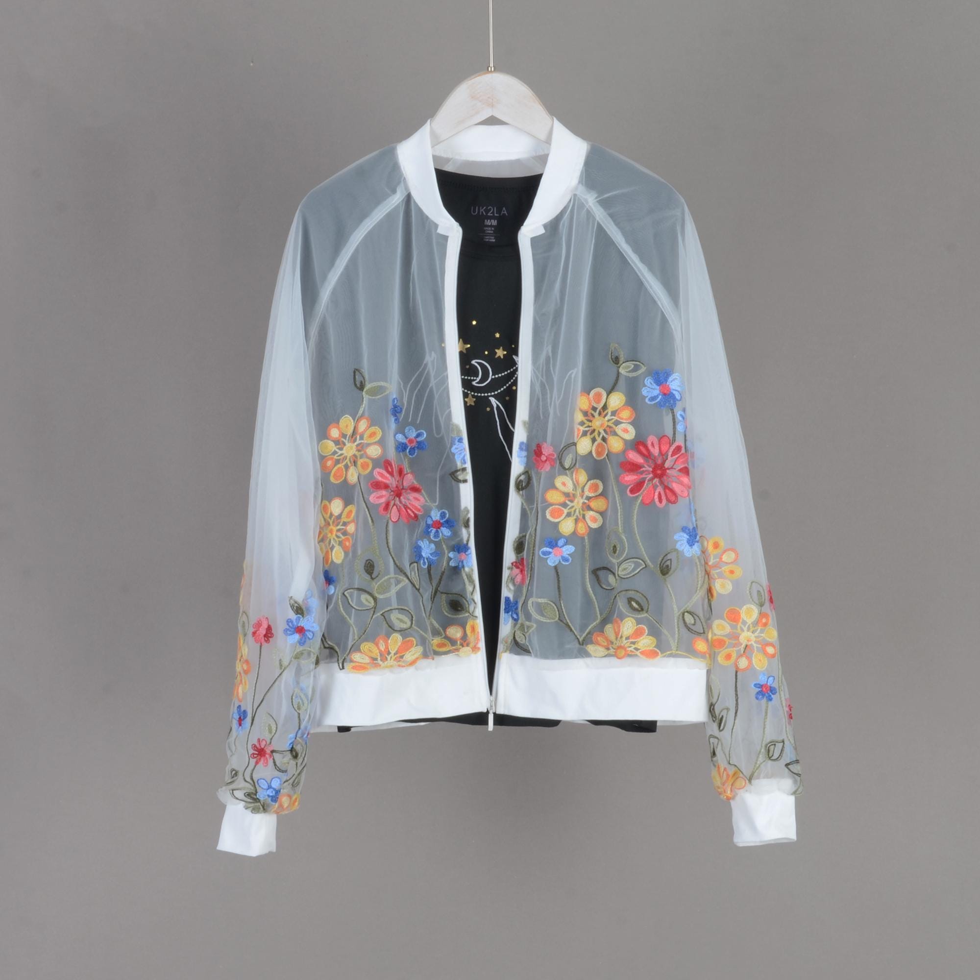 Embroidered Flower Tulle Bomber Jacket: Sheer See-through Wedding