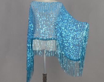 Blue Sequin Versatile Poncho Cape: Lightweight Rave Festival Shawl