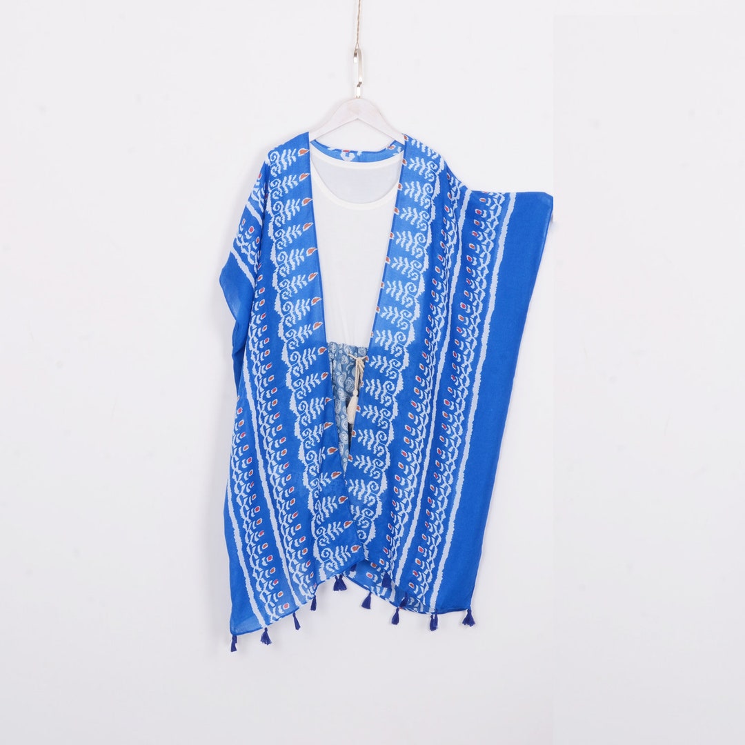 Long Bohemian Kimono,blue Flame Tassel Kimono,kimono Jacket,kimono