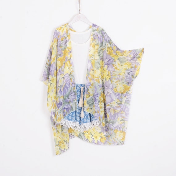 twogirlstudio Chiffon kimono,purple with Yellow Floral Kimono jacket,sheer Chiffon Cover up,Chiffon kimonos,dress kimono,kimono cardigan,kimono,CF088
