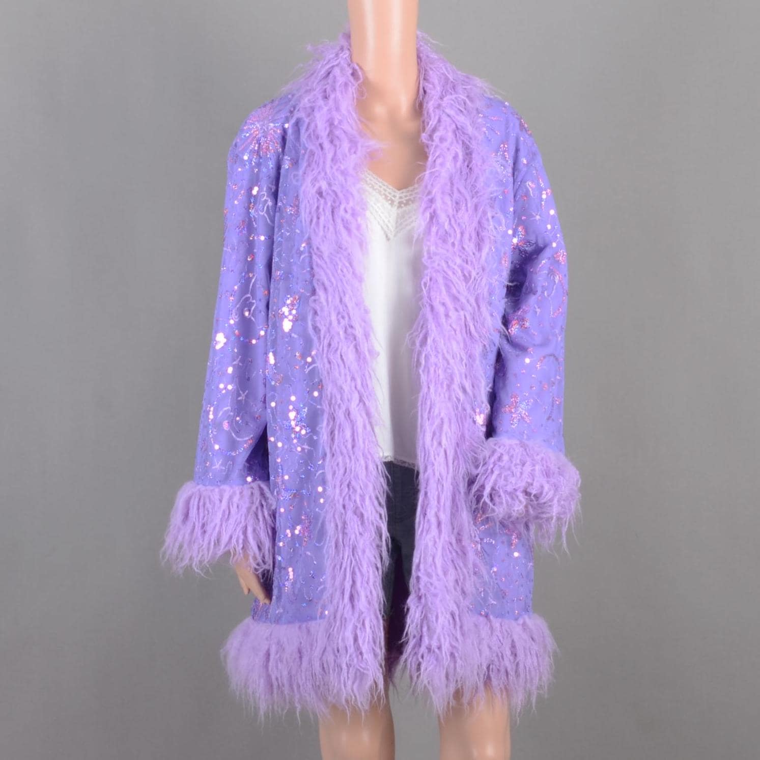 sequins fur coat,purple starry sequins coat,unisex festival coat,burning man clothing,man women faux fur party coat,rave clothing