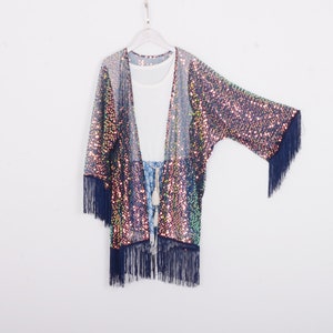 kimono court à paillettes avec manche, tenue d&#39;été bleu marine, robe de vacances, kimono de plage, cardigan kimono, kimonos, kimono pour femme, SL078