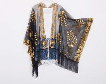 black sheer kimono with gold sequins, black lace kimono,short kimono,cocktail party kimono,black fringe kimono,festival party kimono