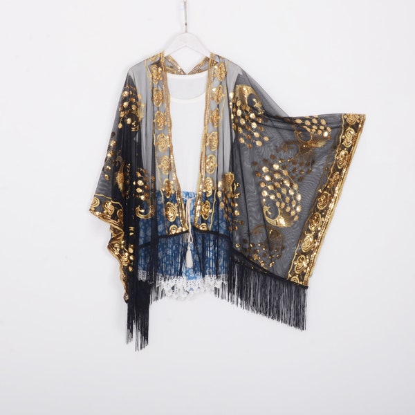 black sheer kimono with gold sequins, black lace kimono,short kimono,cocktail party kimono,black fringe kimono,festival party kimono