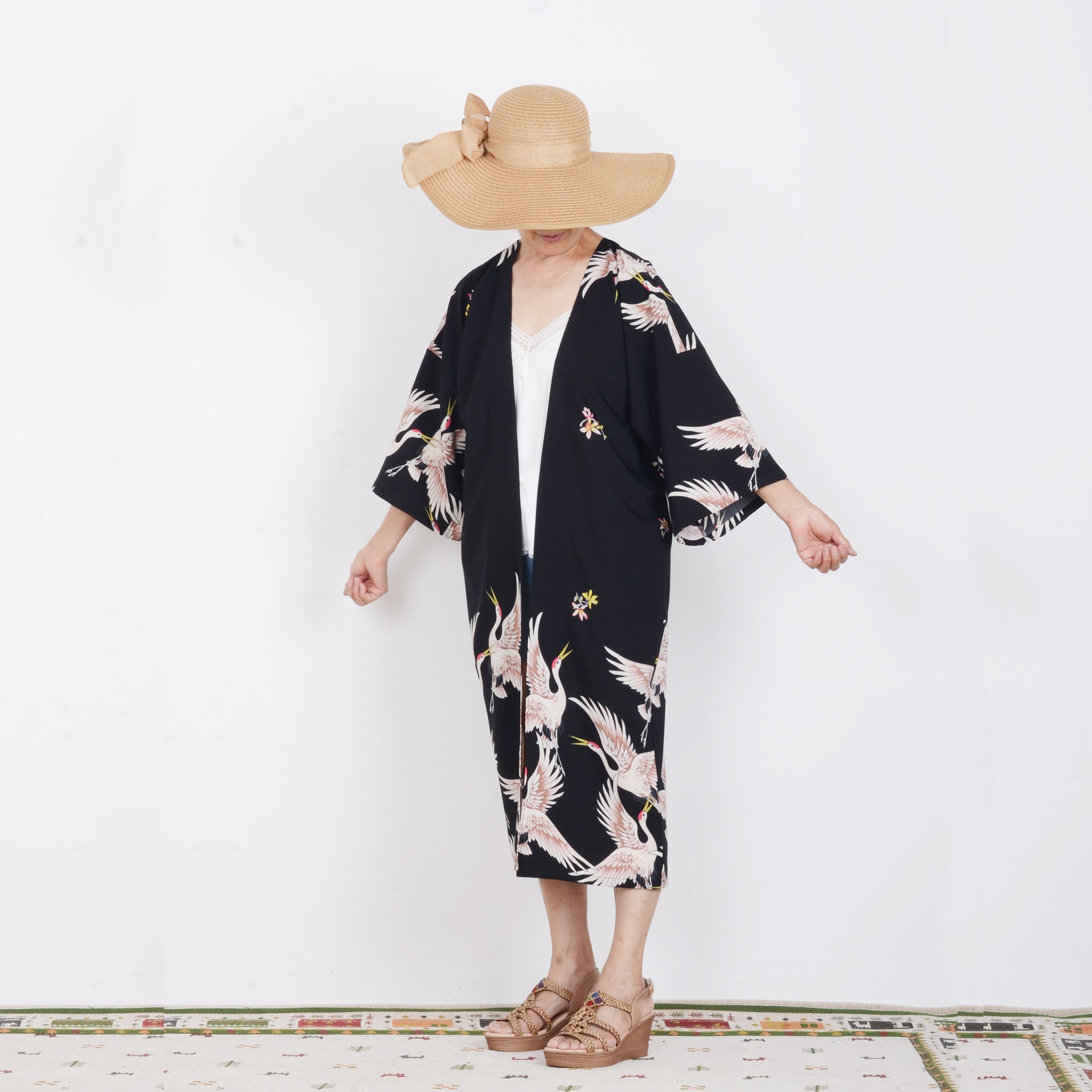 Black Crane Kimono Kimono With Sleevesummer Cover Upholiday | Etsy