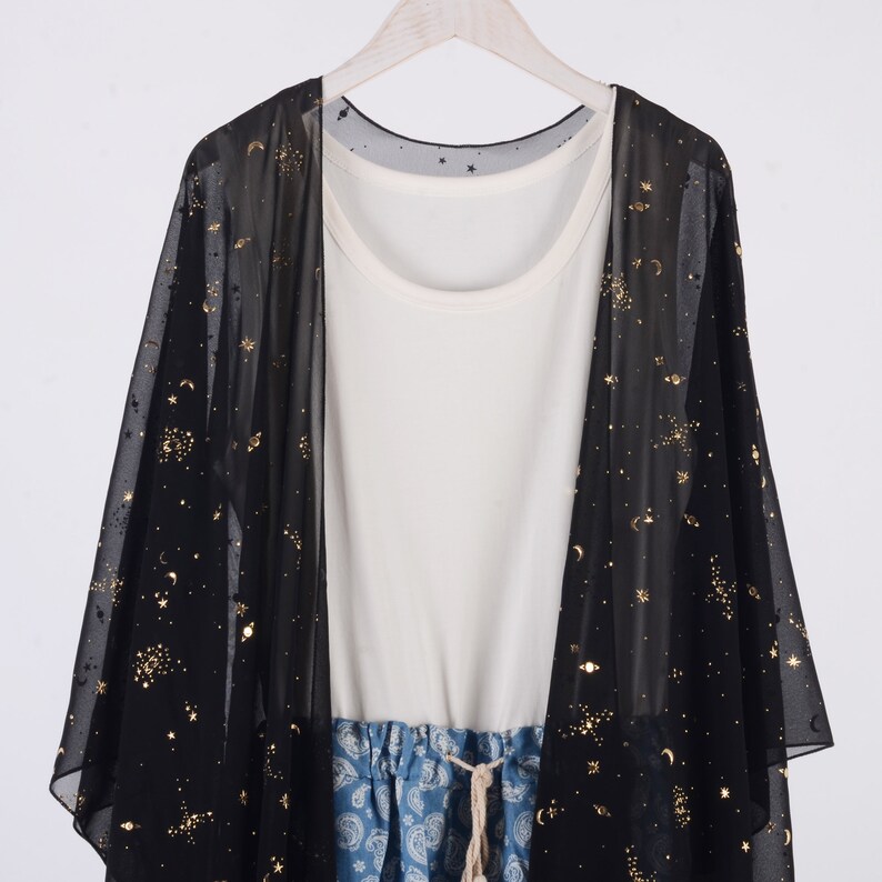 long kimono,black with gold starry kimono cardigan, beach kimono,kimono boho,chiffon cover up,kimonos,cover up,dress kimono image 3