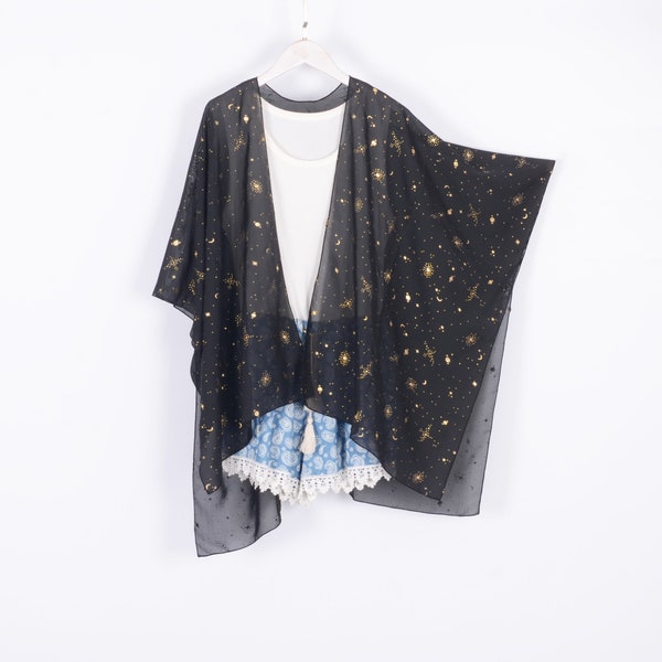 chiffon kimono,black with gold starry print kimono jacket,beach kimono,boho kimono,chiffon cover up,dress kimono,kimono cardigan,kimono