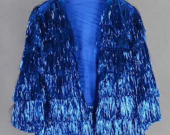 blue tinsel fringe jacket,personalized gift for her,bridal jacket,wedding jacket,birthday party jacket,handmade clothing,tinsel jacket
