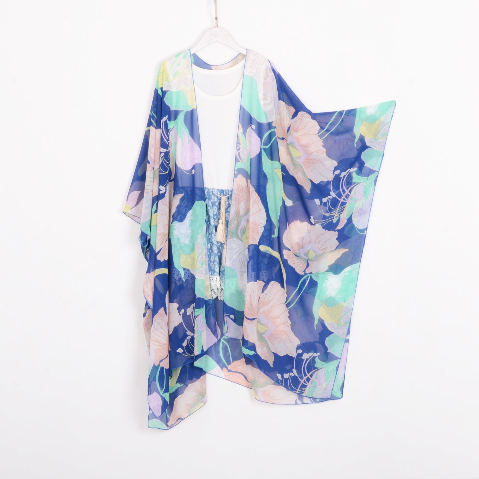 Finoceans Women's Floral Kimono Cardigan - Sheer Chiffon, 3/4 Sleeve, Boho Wrap, XX-Large - View #8