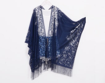 long bohemian kimono, navy lace kimono,cardigan,boho kimono,beach kimono,shrug,cover up,dress kimono