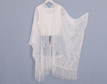 long bohemian kimono, white lace kimono,cardigan,boho kimono,beach kimono,shrug,cover up,dress kimono,tassle kimono,fringe kimono cardigan