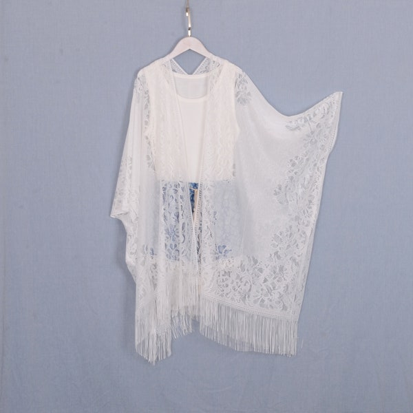 long bohemian kimono, white lace kimono,cardigan,boho kimono,beach kimono,shrug,cover up,dress kimono,tassle kimono,fringe kimono cardigan