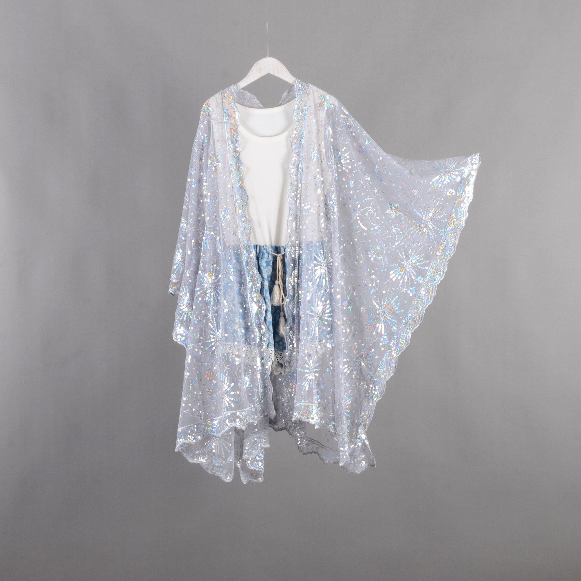 starry gray sheer kimono with sequins, gray sequin kimono,cocktail party kimono,grey fringe kimono,festival party kimono