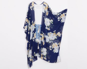Navy Floral Chiffon Kimono Cardigan: Boho Beach Cover-Up