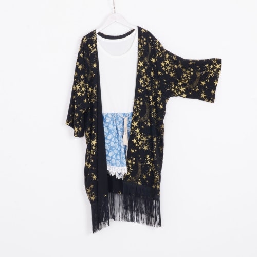 black fringe kimono,starry kimono, galaxy women clothing,celestial kimono top,kimono cardigan,kimonos,kimono dress,black women top,SL035