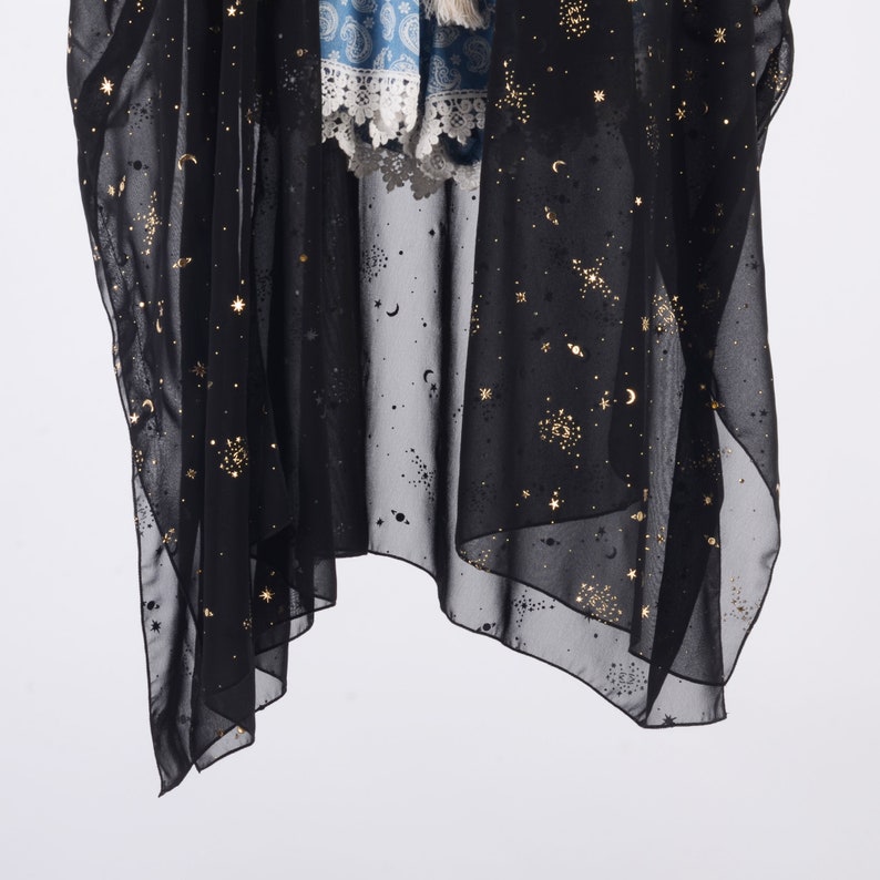 long kimono,black with gold starry kimono cardigan, beach kimono,kimono boho,chiffon cover up,kimonos,cover up,dress kimono image 4