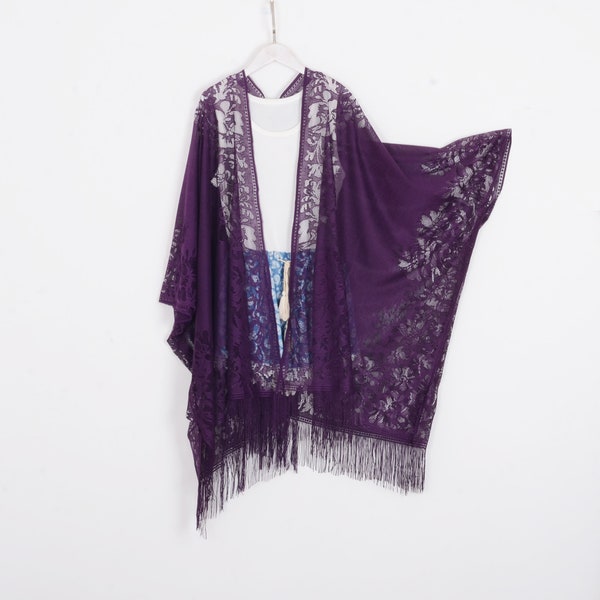 long bohemian kimono,dark purple lace kimono,lace cardigan,boho kimono,beach kimono,shrug,cover up,dress kimono,lace beach