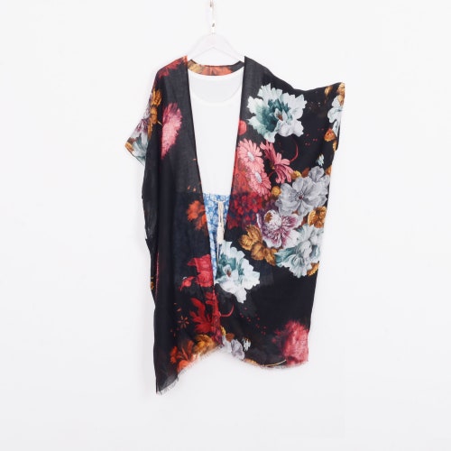 kimono,long kimono cardigan,oil painting style black with red flowers kimono dress,364#