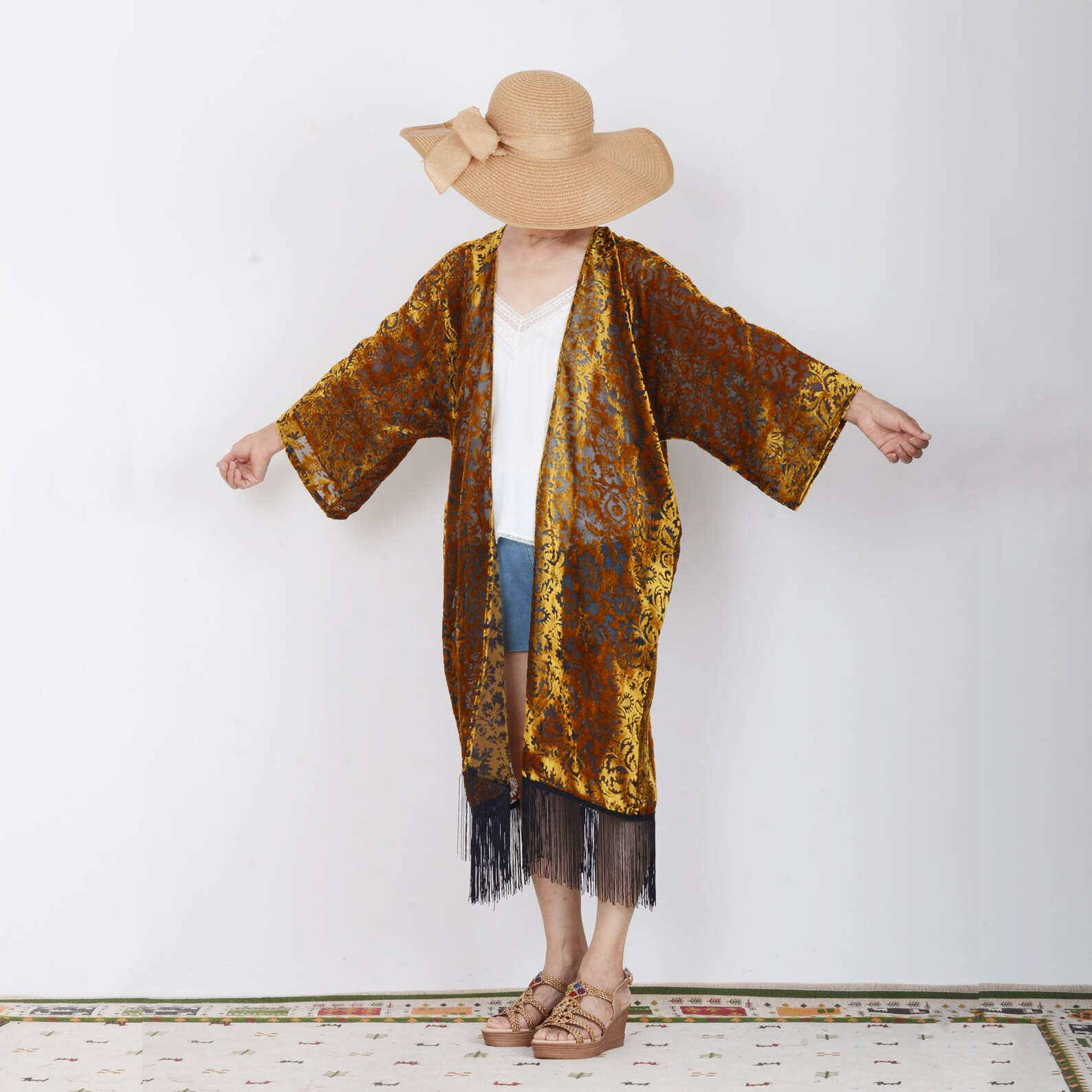Velvet Kimonoblack Gold Kimono With Sleevesummer Cover Etsy