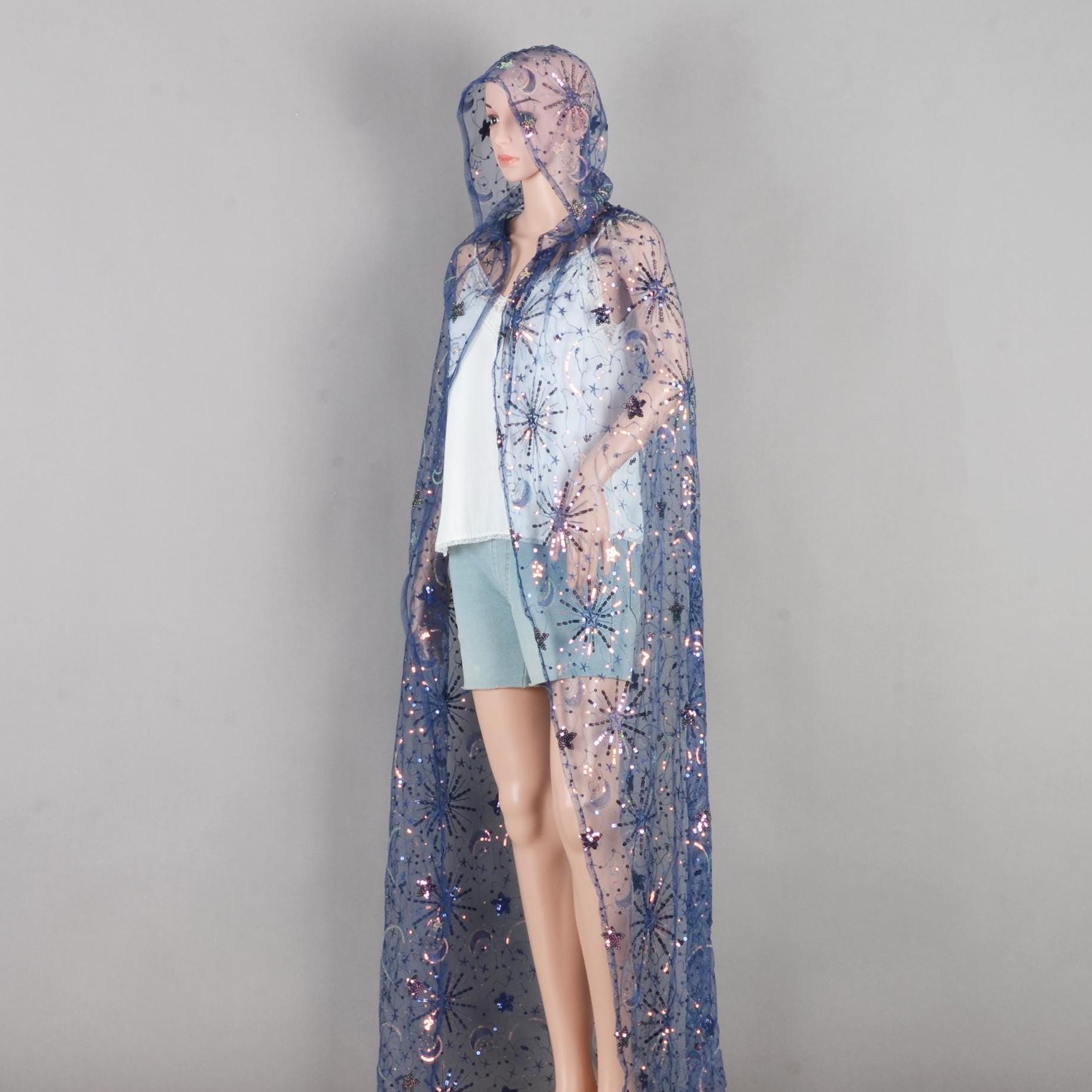 navy with gold sequins starry,hooded cape,sheer cape,cosplay cloak,wedding cloak,sheer hooded clock,cape with hood,bridal cape,wedding cape