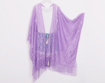 kimono boho largo, kimono de encaje de lavanda, cárdigan de encaje púrpura, kimono boho, kimono de playa, encogimiento de hombros, cubrir, vestir kimono, playa de encaje