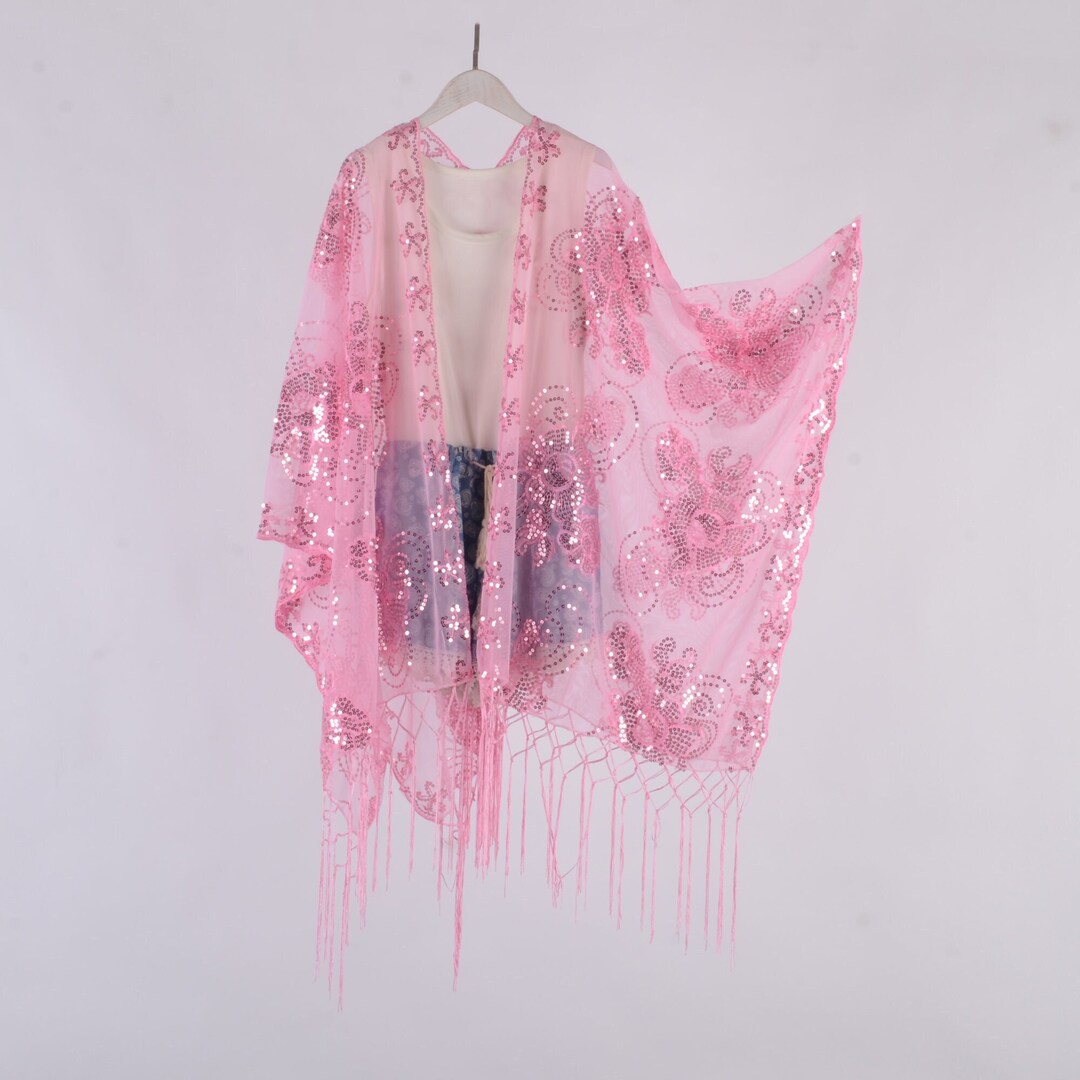 Pink Sequins Kimono ,lace Kimono,cocktail Party Kimono,fringe Kimono ...
